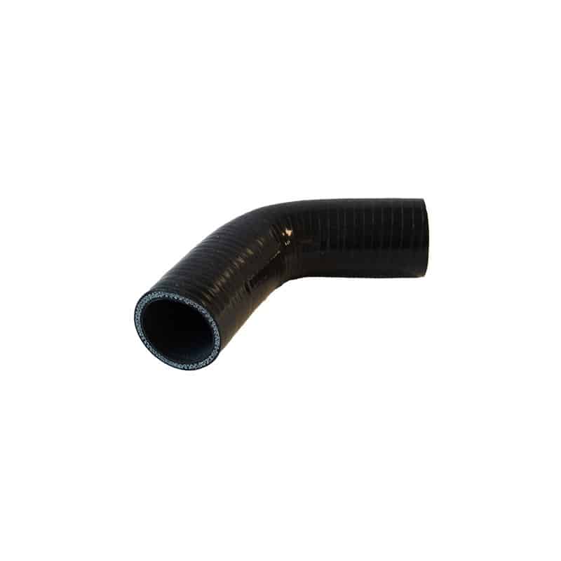 A black silicone Radiator Bottom Hose, TR2-4A, with a 90-degree bend on a white background; its surface is textured and the interior smooth.