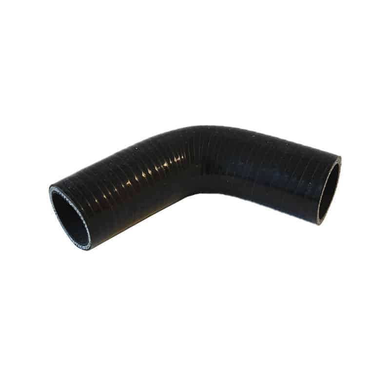 A black 90-degree bent TR2-4A Radiator Bottom Hose made of silicone with a smooth surface, has both ends open against a plain white background.