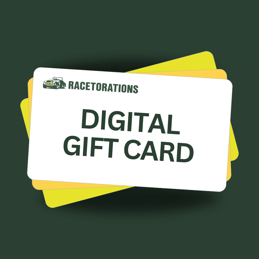 The Racetorations Gift Card is elegantly displayed on a stack of cards, featuring a sleek car logo against a rich dark green background.