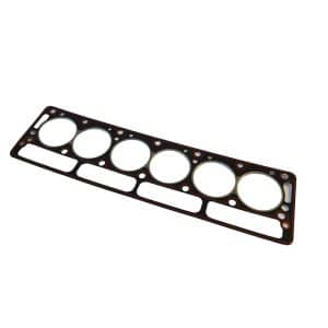 The Racetorations Composite Cylinder Head Gasket - TR5-6 is a flat, rectangular gasket with six large circular openings and smaller holes, designed for TR5-6 six-cylinder engines, shown against a white background.