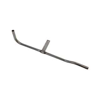 The Water Pump Housing Pipe, Stainless Steel - TR2-3A is a metallic, smooth, shiny L-shaped stainless steel pipe with a small bracket and mounting hole. It features one end bent at a right angle and the other slightly curved.