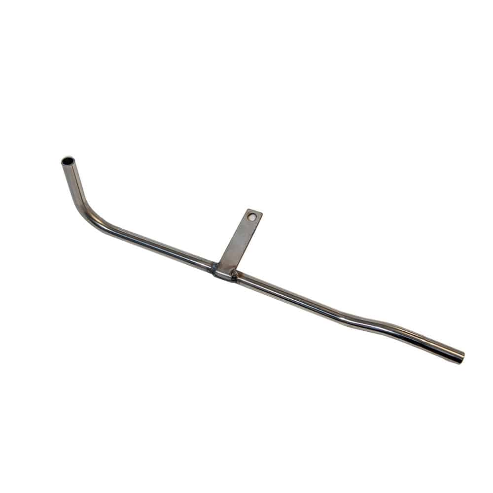 The Water Pump Housing Pipe, Stainless Steel - TR2-3A is a metallic, smooth, shiny L-shaped stainless steel pipe with a small bracket and mounting hole. It features one end bent at a right angle and the other slightly curved.