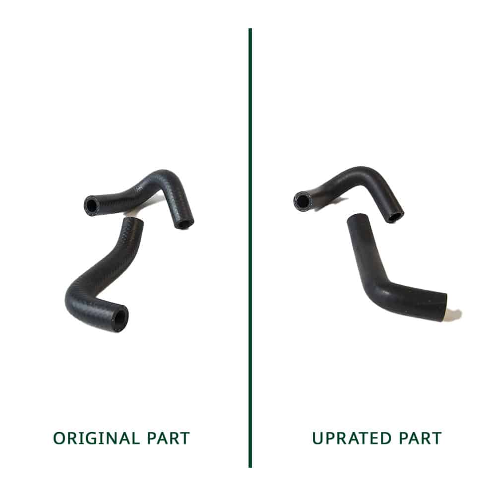 Side-by-side comparison of two automotive hoses. On the left is the "Original Part" with a smooth surface, and on the right is the "Uprated Part" with a slightly more angular design. Both are made of black rubber.