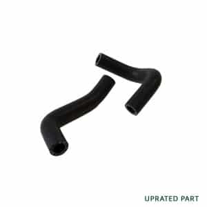 Two black, L-shaped rubber hoses on a white background. The text "UPRATED PART" is in green at the bottom right corner.