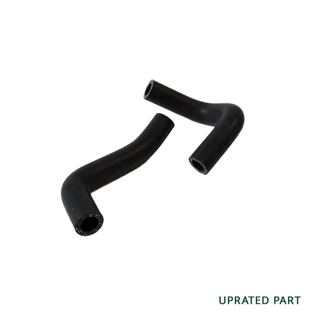 Two black, L-shaped rubber hoses on a white background. The text "UPRATED PART" is in green at the bottom right corner.