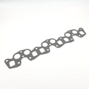 The TR5-6 Inlet/Exhaust Manifold Gasket features an elongated, wavy design with circular and rectangular cutouts on a white background, crafted to fit engine manifolds.