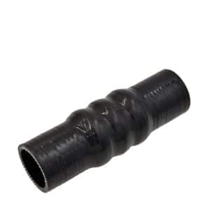 A black, flexible silicone radiator top hose with ridges and a slightly tapered shape, designed for the Triumph TR2 to TR4A, is shown on a white background. The product is named "Radiator Top Hose, Silicone - Triumph TR2 to TR4A.