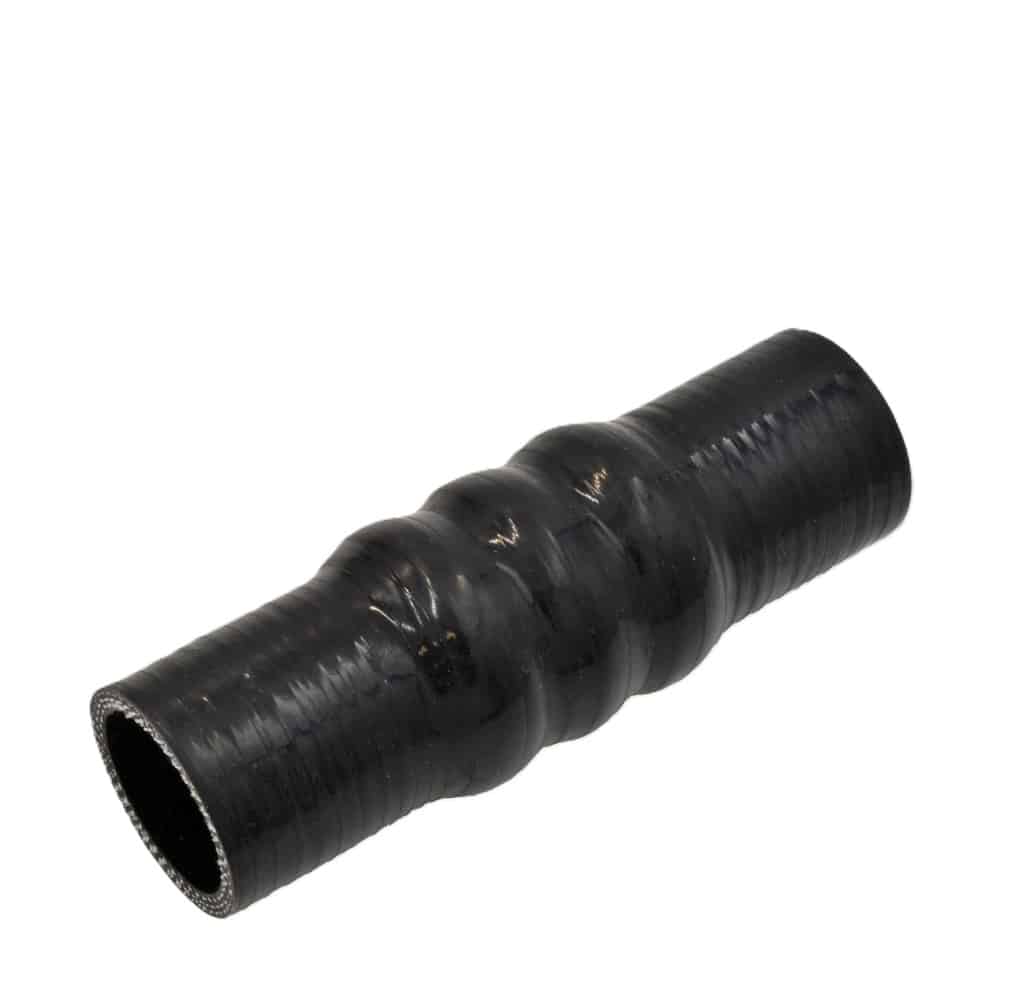 A black, flexible silicone radiator top hose with ridges and a slightly tapered shape, designed for the Triumph TR2 to TR4A, is shown on a white background. The product is named "Radiator Top Hose, Silicone - Triumph TR2 to TR4A.