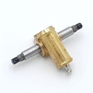 The Trunnion Assembly - 3º Caster - RH Triumph TR4 features a brass-coloured central body with two silver threaded rods extending from each end, in a T-shape, shown against a white background.