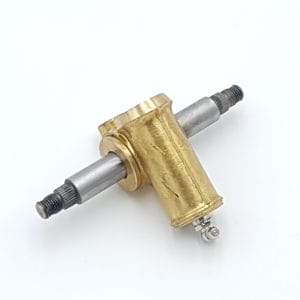 The Trunnion Assembly - 3º Caster - LH for Triumph TR4 suspensions, featuring brass and steel construction with two horizontal threaded rods and a bottom grease nipple, is shown on a white background.