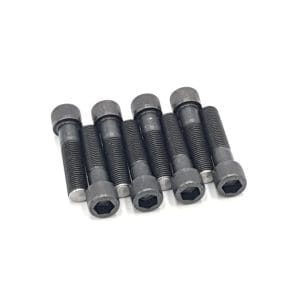 Six black hex socket head bolts from the Racetorations Uprated Unbrako Big End Bolt Set for TR2-4A & Morgan +4, arranged in a neat row on a white background.