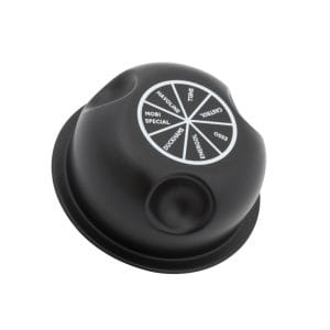 A black, round Triumph TR2–TR4 & Morgan Plus 4 Oil Filler Cap displays white text labels for oil brands like Shell, Castrol, Esso, Eni, Duckhams, Mobil Special, and Havoline on its top surface.