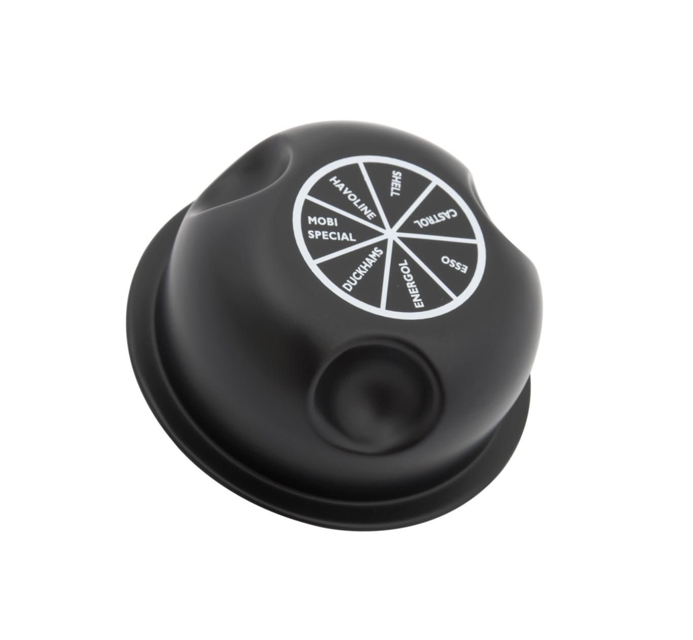 A black, round Triumph TR2–TR4 & Morgan Plus 4 Oil Filler Cap displays white text labels for oil brands like Shell, Castrol, Esso, Eni, Duckhams, Mobil Special, and Havoline on its top surface.