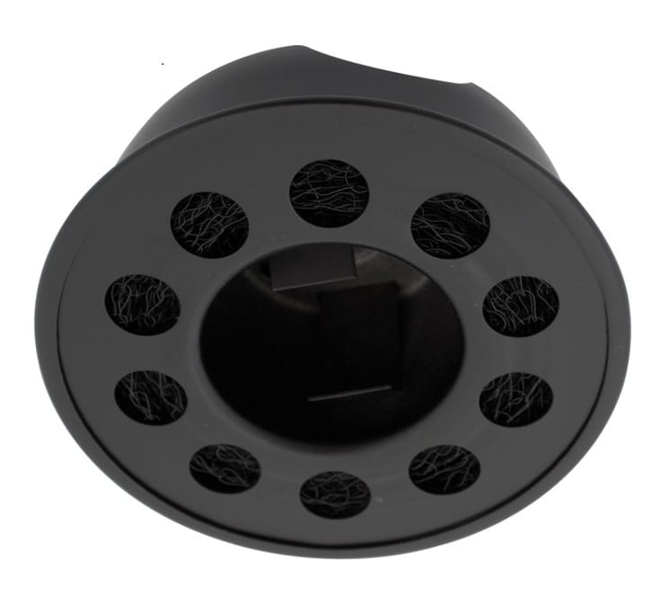 Close-up of a black, round Triumph TR2, TR3, TR3A, TR3B, TR4 & Morgan Plus 4 Oil Filler Cap with a central opening and multiple smaller holes.