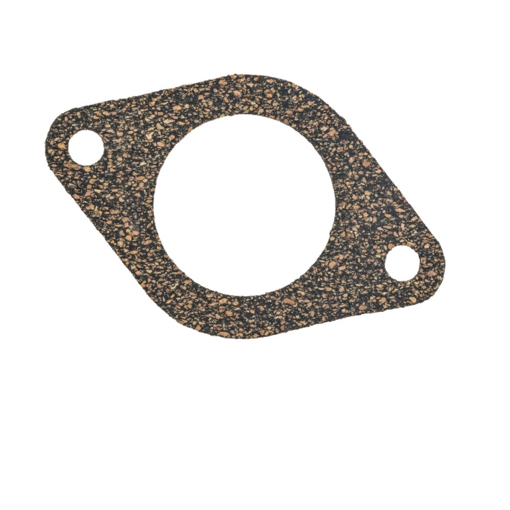 The Overdrive Solenoid to Bracket Gasket is a flat, oval cork gasket with a large centre hole and two smaller end holes, designed for sealing in mechanical assemblies.