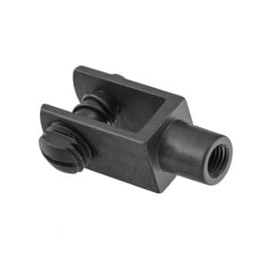 The Triumph Master Cylinder Rod End Fork is a black metal mechanical part with a rectangular open slot, a threaded hole on one end, and a slotted-head screw securing the master cylinder rod inside the slot.