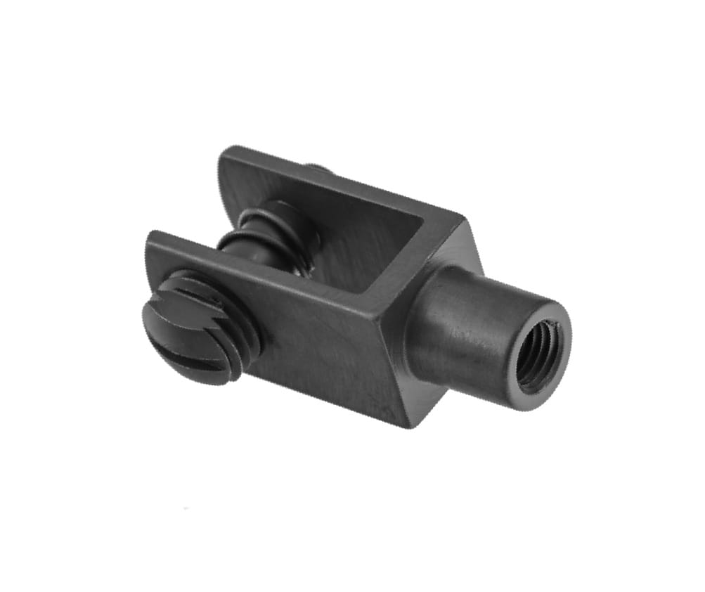 The Triumph Master Cylinder Rod End Fork is a black metal mechanical part with a rectangular open slot, a threaded hole on one end, and a slotted-head screw securing the master cylinder rod inside the slot.