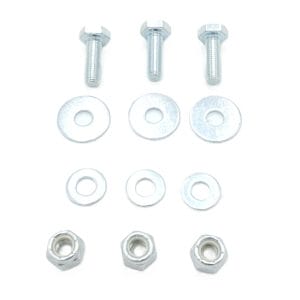 The Front Spoiler Fitting Kit includes three metal bolts, six washers in assorted sizes, and three hex nuts, all neatly arranged on a white background—ideal hardware for installation.
