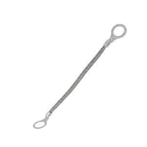 The Steering Column Coupling Earth Cable - Triumph features braided metal construction with eyelet connectors at both ends for secure earthing. Shown on a plain white background, it’s ideal for Triumph steering column coupling applications.