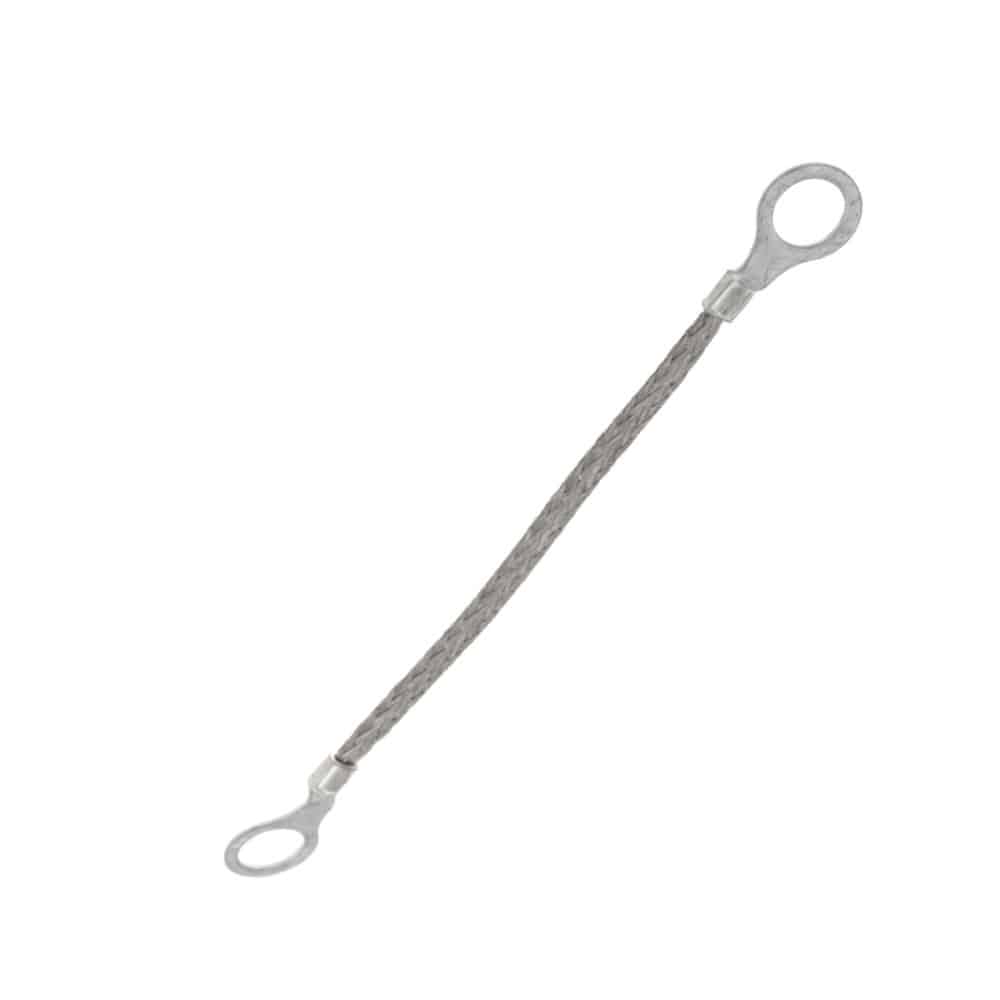 The Steering Column Coupling Earth Cable - Triumph features braided metal construction with eyelet connectors at both ends for secure earthing. Shown on a plain white background, it’s ideal for Triumph steering column coupling applications.