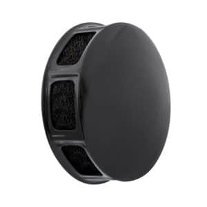A round black metal air filter cover for Triumph TR3, TR3A, TR3B & TR4 with SU H6 carburettor, featuring a solid front and mesh sides for airflow, isolated on a white background.