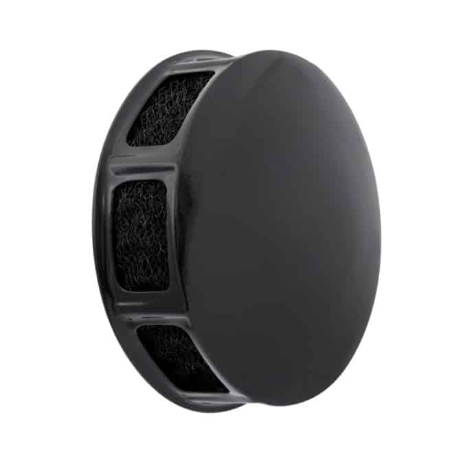 A round black metal air filter cover for Triumph TR3, TR3A, TR3B & TR4 with SU H6 carburettor, featuring a solid front and mesh sides for airflow, isolated on a white background.