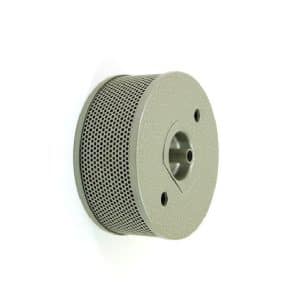 An air filter for Triumph TR4 with closed circuit breathing, featuring a cylindrical metal body and central hole, is shown isolated on a white background.