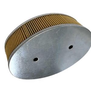 An oval Air Filter for Triumph TR4 with Air Box and TR4A, featuring metal top and bottom covers, pleated brown paper sides, and two holes in the top cover for secure installation within the air box.