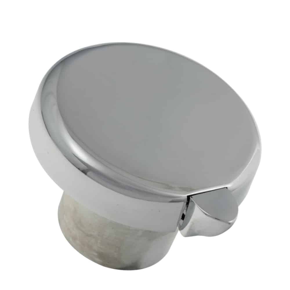 The Chrome Fuel Filler Cap and Neck for Triumph TR4 & TR4A is shown with a round, smooth chrome top and a side catch, displayed against a plain white background.
