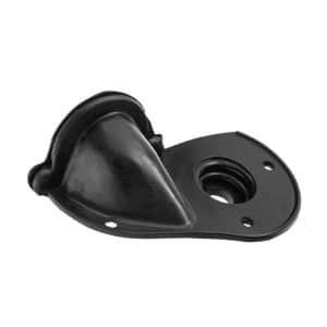 A black, moulded rubber automotive part with a smooth, curved surface, a raised conical section, three mounting holes, and a circular opening on a flat base.