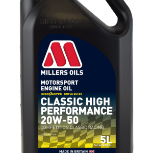 A 5-litre black container of Millers Classic High Performance 20w50 Engine Oil for classic racing cars, featuring a red and white logo with chequered flag design.