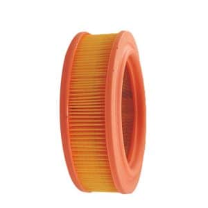 The Air Filter Triumph TR250, TR6 North American Carb with Air Box is a round, orange and yellow pleated filter with a hollow centre, shown upright against a white background.