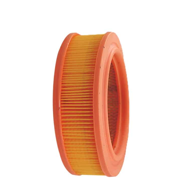 The Air Filter Triumph TR250, TR6 North American Carb with Air Box is a round, orange and yellow pleated filter with a hollow centre, shown upright against a white background.