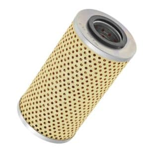 A cylindrical yellow oil filter with silver ends, compatible with TR2, TR3, TR3A, TR3B, TR4, TR4A & Morgan +4 models, is shown angled against a white background.