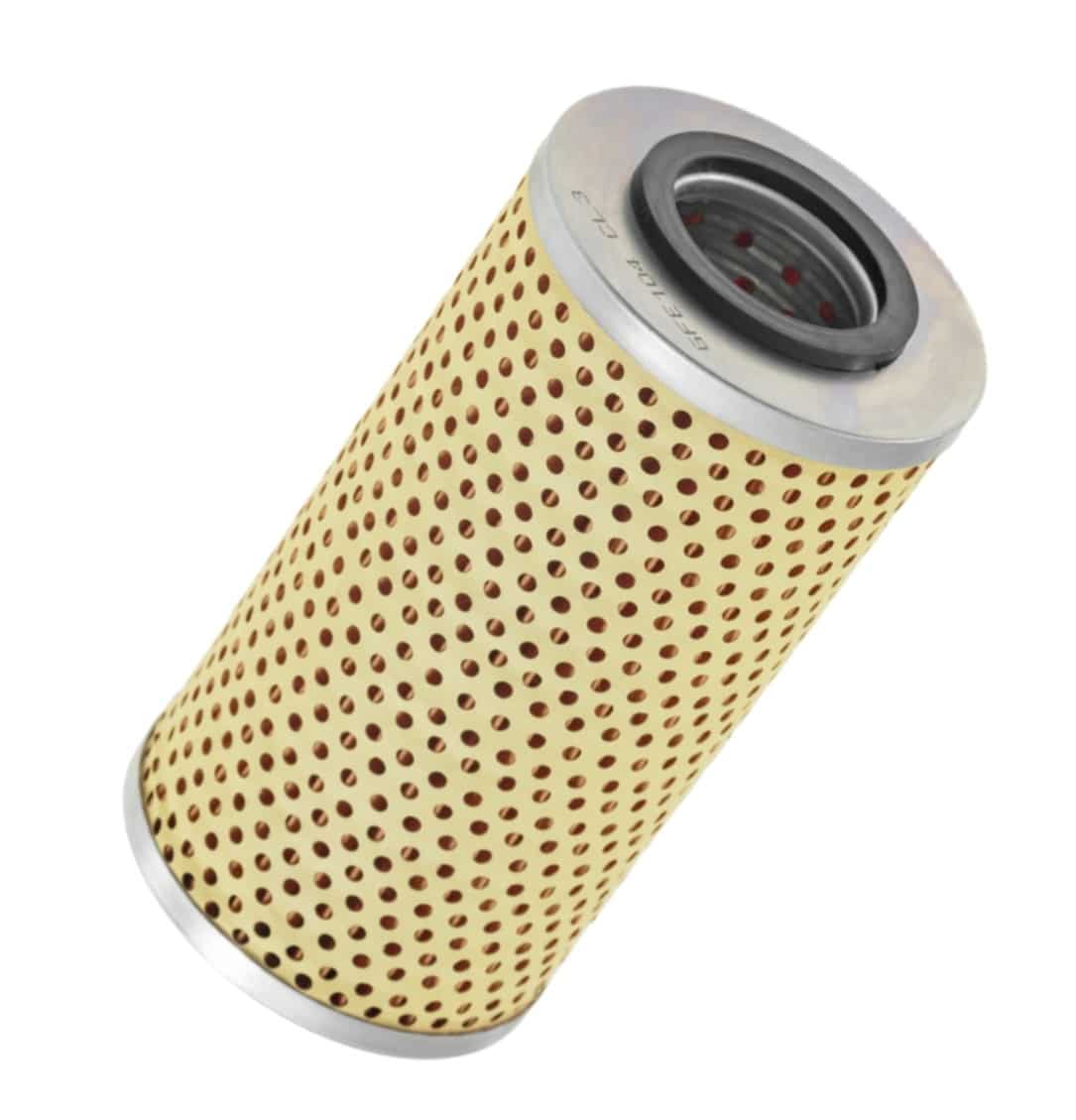 A cylindrical yellow oil filter with silver ends, compatible with TR2, TR3, TR3A, TR3B, TR4, TR4A & Morgan +4 models, is shown angled against a white background.