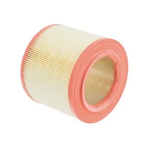 A cylindrical Triumph TR5 and TR6 Injection air filter with pleated yellow paper and orange rubber edges, shown on a white background.