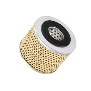 The Oil Filter Triumph TR5, TR250 and TR6 is a cylindrical metal and paper filter with perforated sides and a central hole, designed for Triumph TR5, TR250 or TR6 models. Shown isolated on a white background.