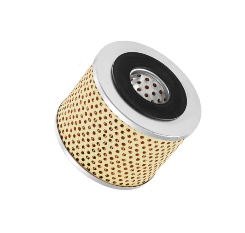 The Oil Filter Triumph TR5, TR250 and TR6 is a cylindrical metal and paper filter with perforated sides and a central hole, designed for Triumph TR5, TR250 or TR6 models. Shown isolated on a white background.