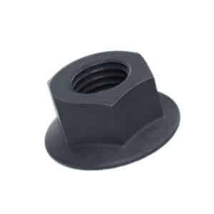 A close-up of the Racetorations Flanged Nut – Rocker Pedestal – designed for Triumph TR5 to TR6, featuring a black hexagonal flanged design with internal threading, displayed on a white background—an essential component commonly used in the rocker pedestal assembly.