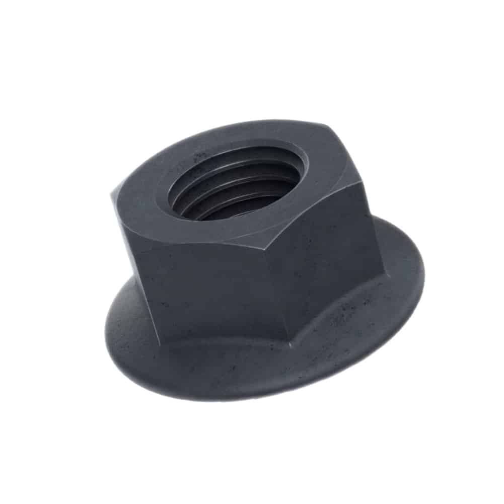 A close-up of the Racetorations Flanged Nut – Rocker Pedestal – designed for Triumph TR5 to TR6, featuring a black hexagonal flanged design with internal threading, displayed on a white background—an essential component commonly used in the rocker pedestal assembly.