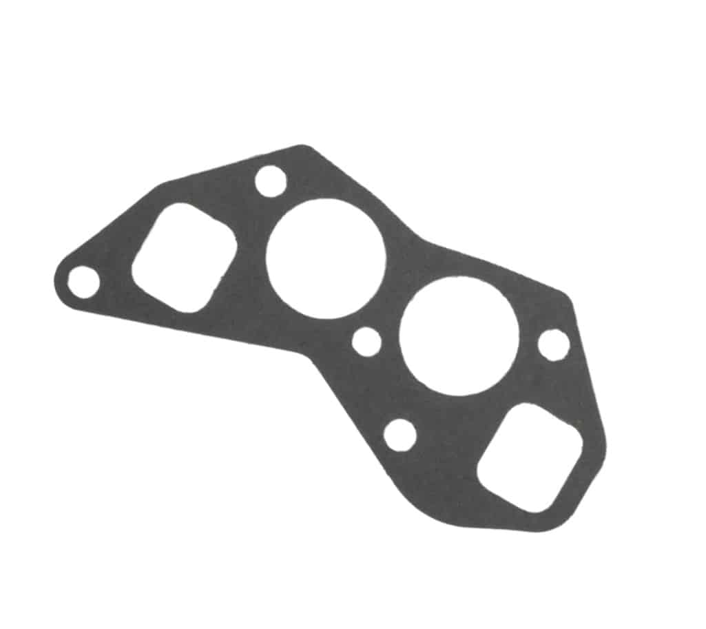 A "High Port" Manifold Gasket for Triumph TR3 to TR4A and Morgan +4—black in colour, featuring an irregular shape with five differently sized holes commonly used in automotive or machinery applications—is displayed against a white background.