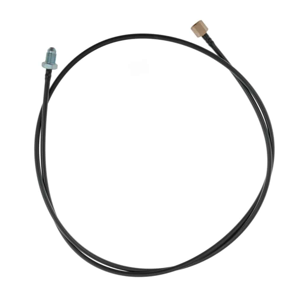 The Oil Pipe Engine to Gauge for Triumph TR4A to TR6 Carburettor Models, featuring a black cable with a metal connector on one end and a brass connector on the other, is shown against a white background.