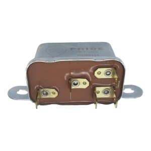 Rectangular metal automotive 6RA relay with brown plastic base and four brass electrical terminals, two mounting flanges on the sides, and product markings on the metal casing.
