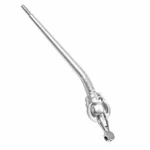 A chrome Gear Lever Assembly designed for Triumph TR5 to TR6 models, featuring a curved, metallic shape with a threaded end, isolated on a white background.