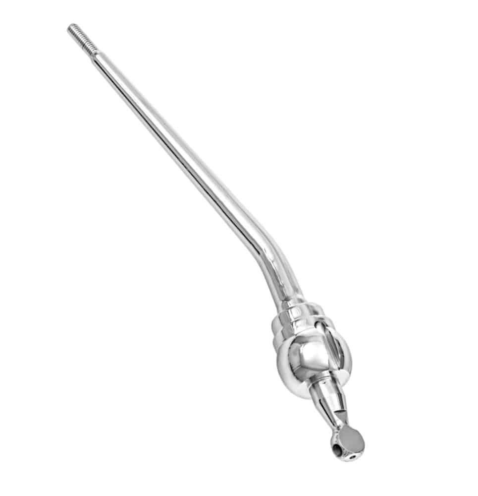 A chrome Gear Lever Assembly designed for Triumph TR5 to TR6 models, featuring a curved, metallic shape with a threaded end, isolated on a white background.