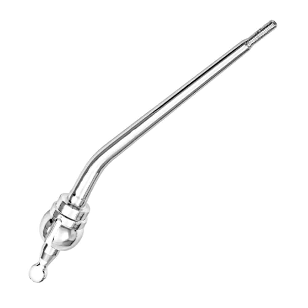 A chrome Gear Lever Assembly for Triumph TR5 to TR6, featuring a bent shaft and threaded tip, designed for manual transmission vehicles and shown isolated on a white background.
