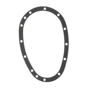Oval-shaped grey paper Timing Cover Gasket Triumph TR5 to TR6 with multiple evenly spaced holes around the edge, displayed on a white background—suitable for Triumph TR5 and TR6 models.