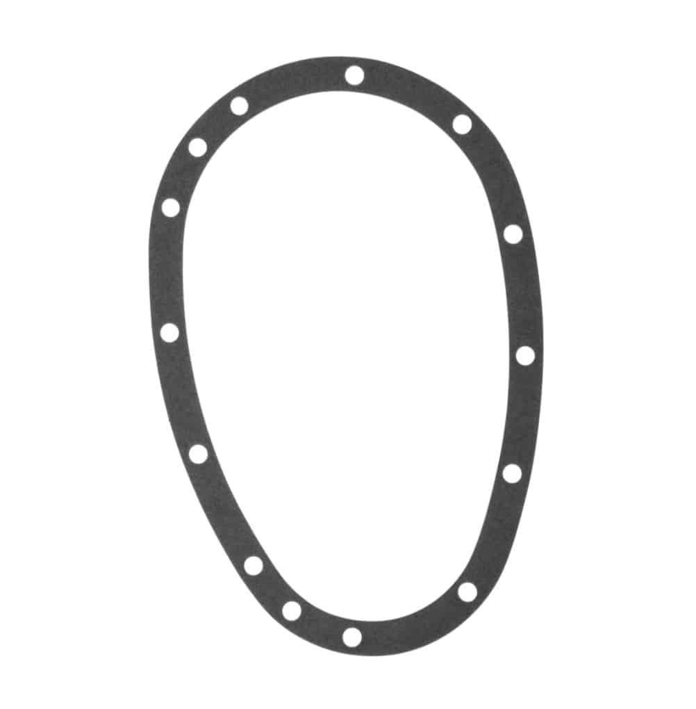Oval-shaped grey paper Timing Cover Gasket Triumph TR5 to TR6 with multiple evenly spaced holes around the edge, displayed on a white background—suitable for Triumph TR5 and TR6 models.