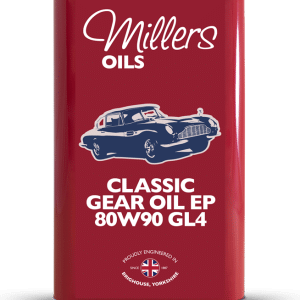 A 1 litre red tin of Millers Oils Classic Gear Oil EP 80w-90 GL4 features a classic car illustration and an "Engineered in Brighouse, Yorkshire" badge.