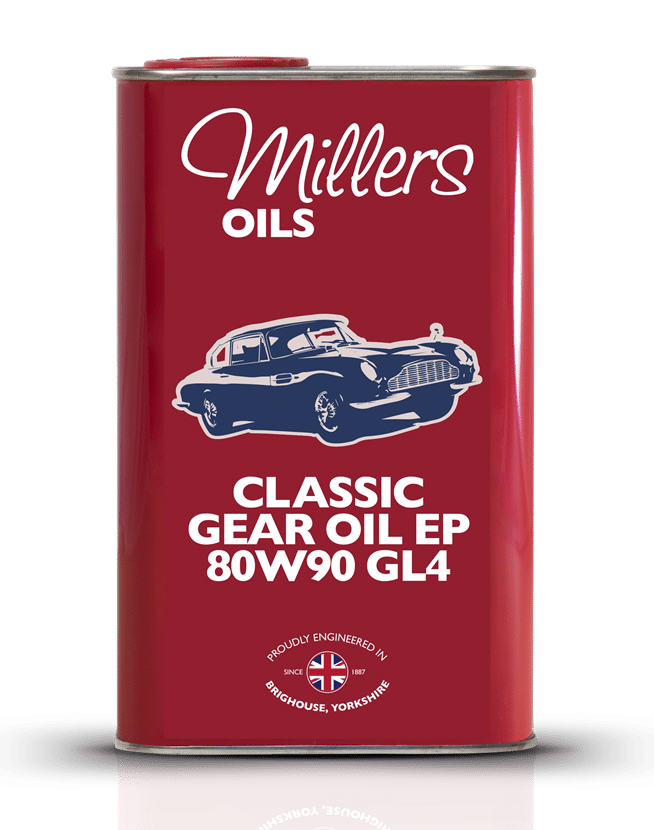 A 1 litre red tin of Millers Oils Classic Gear Oil EP 80w-90 GL4 features a classic car illustration and an "Engineered in Brighouse, Yorkshire" badge.
